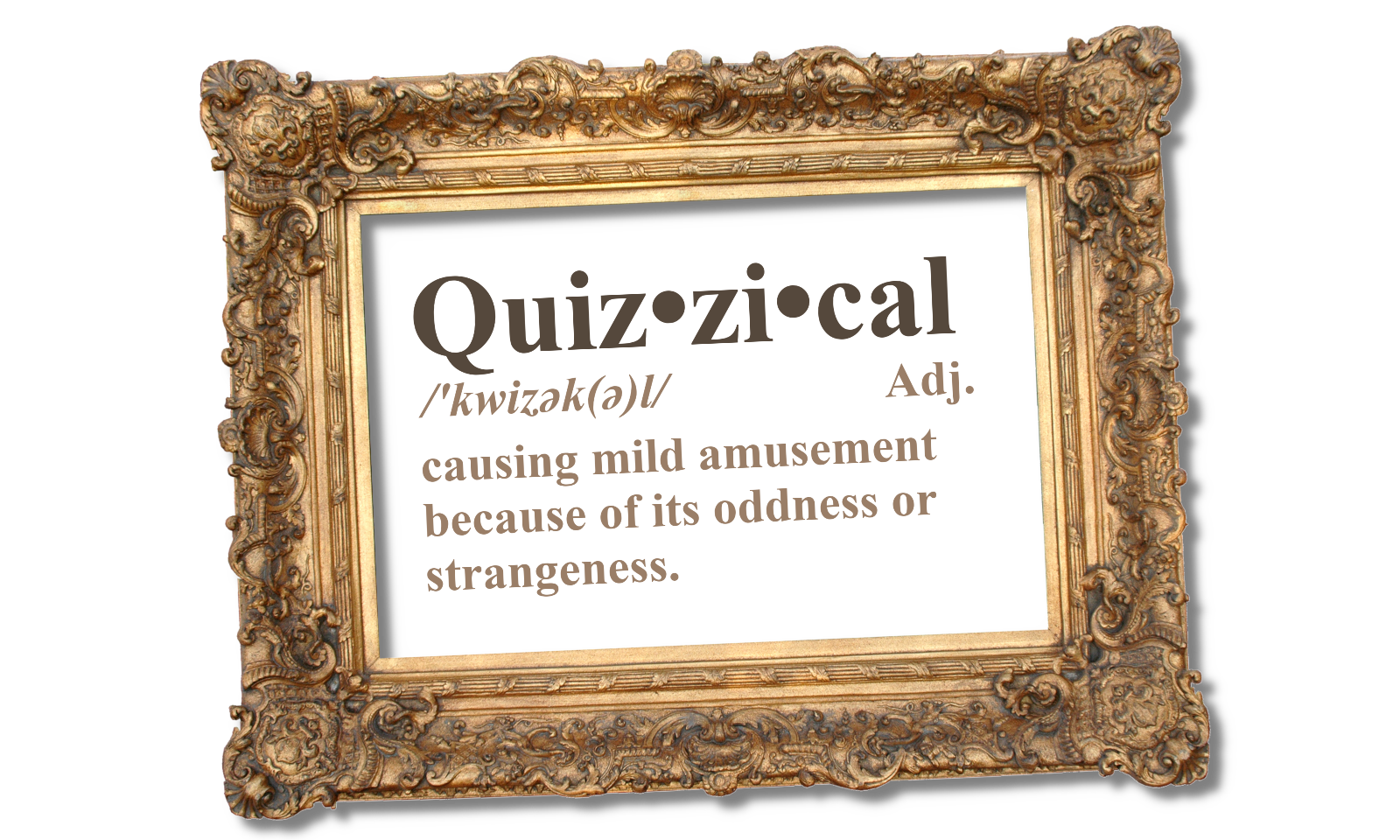 Cover art for Quizzical, featuring a fancy photo frame with the logo in the center. The logo is styled like a dictionary definition, with the description